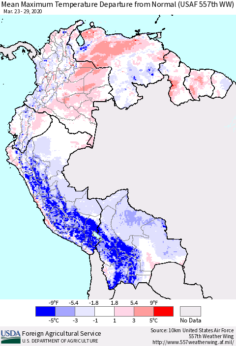 Northern South America Maximum Temperature Departure From Normal (USAF 557th WW) Thematic Map For 3/23/2020 - 3/29/2020