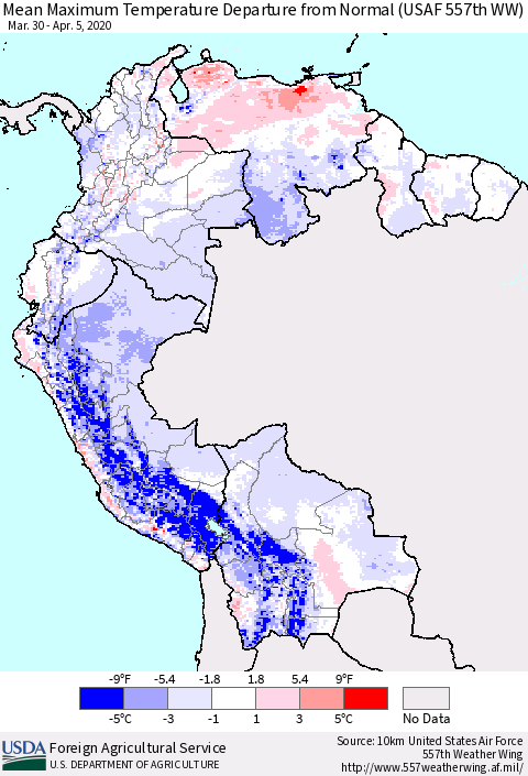 Northern South America Maximum Temperature Departure From Normal (USAF 557th WW) Thematic Map For 3/30/2020 - 4/5/2020
