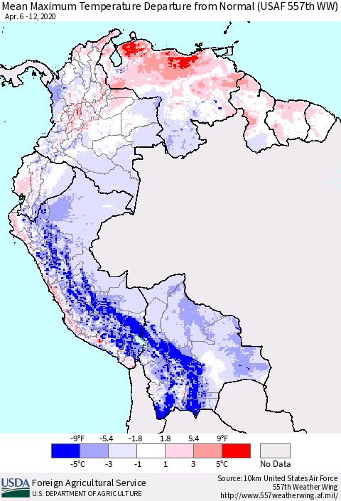 Northern South America Maximum Temperature Departure From Normal (USAF 557th WW) Thematic Map For 4/6/2020 - 4/12/2020