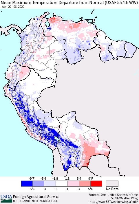 Northern South America Maximum Temperature Departure From Normal (USAF 557th WW) Thematic Map For 4/20/2020 - 4/26/2020