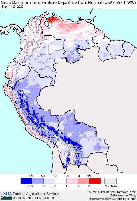 Northern South America Mean Maximum Temperature Departure from Normal (USAF 557th WW) Thematic Map For 5/4/2020 - 5/10/2020
