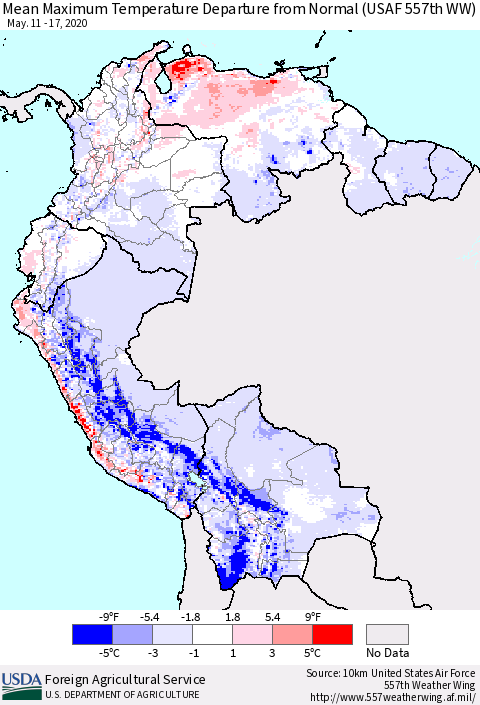 Northern South America Mean Maximum Temperature Departure from Normal (USAF 557th WW) Thematic Map For 5/11/2020 - 5/17/2020