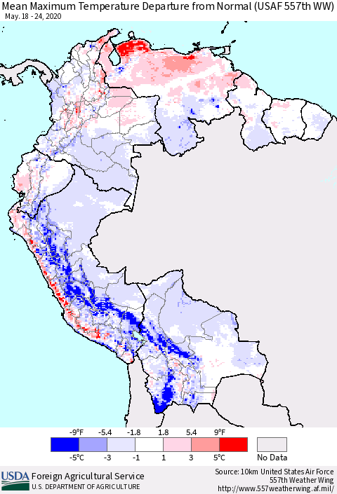 Northern South America Mean Maximum Temperature Departure from Normal (USAF 557th WW) Thematic Map For 5/18/2020 - 5/24/2020