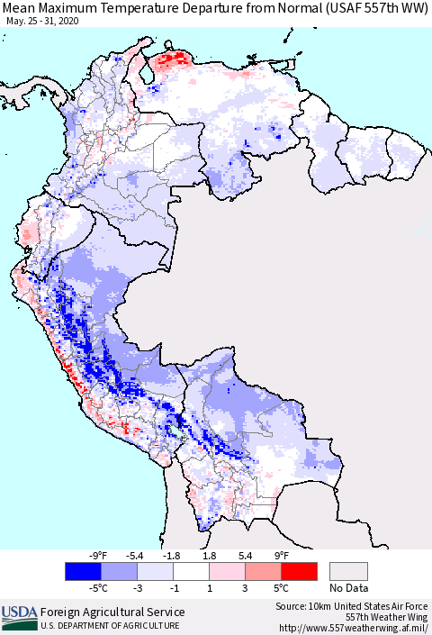 Northern South America Maximum Temperature Departure From Normal (USAF 557th WW) Thematic Map For 5/25/2020 - 5/31/2020