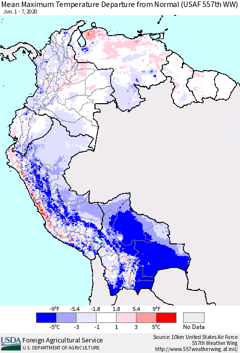 Northern South America Mean Maximum Temperature Departure from Normal (USAF 557th WW) Thematic Map For 6/1/2020 - 6/7/2020