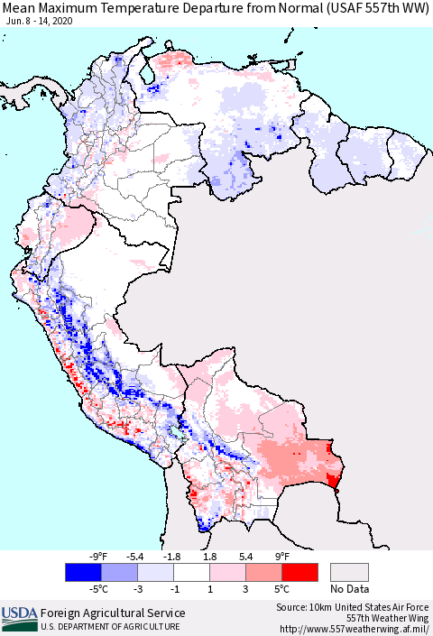 Northern South America Maximum Temperature Departure From Normal (USAF 557th WW) Thematic Map For 6/8/2020 - 6/14/2020