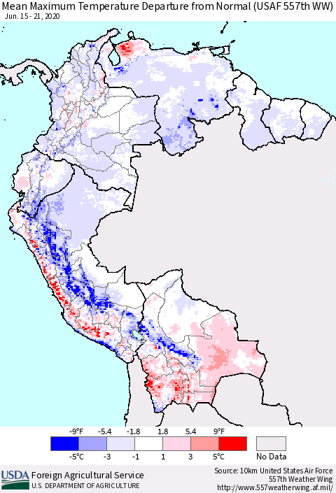 Northern South America Mean Maximum Temperature Departure from Normal (USAF 557th WW) Thematic Map For 6/15/2020 - 6/21/2020