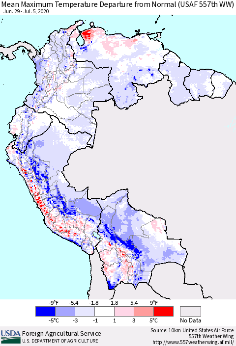 Northern South America Mean Maximum Temperature Departure from Normal (USAF 557th WW) Thematic Map For 6/29/2020 - 7/5/2020