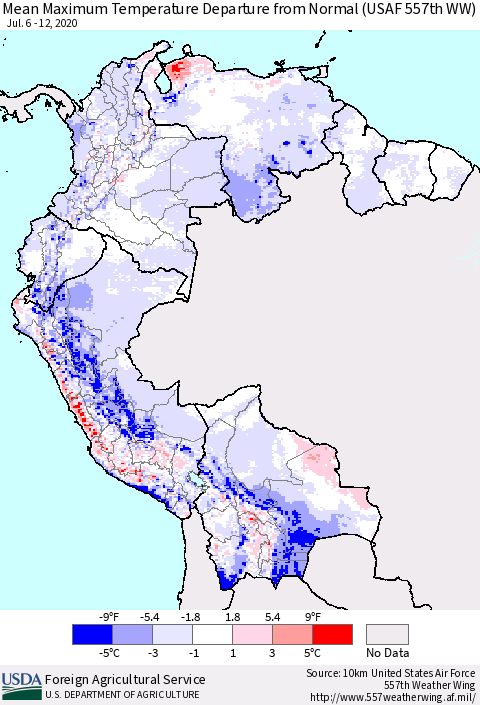 Northern South America Mean Maximum Temperature Departure from Normal (USAF 557th WW) Thematic Map For 7/6/2020 - 7/12/2020