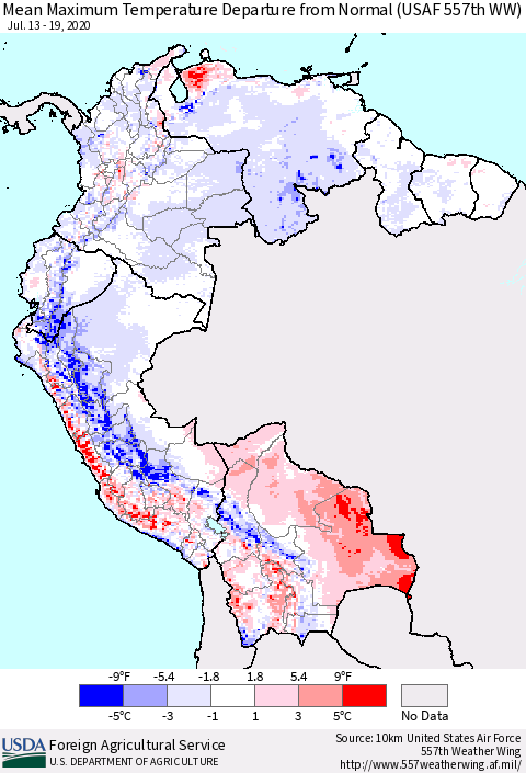 Northern South America Mean Maximum Temperature Departure from Normal (USAF 557th WW) Thematic Map For 7/13/2020 - 7/19/2020