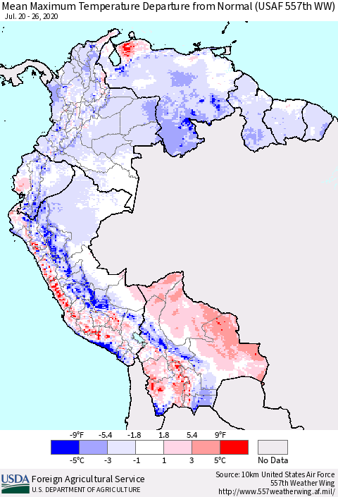 Northern South America Mean Maximum Temperature Departure from Normal (USAF 557th WW) Thematic Map For 7/20/2020 - 7/26/2020