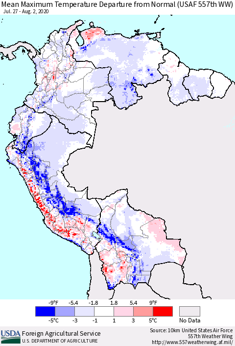 Northern South America Mean Maximum Temperature Departure from Normal (USAF 557th WW) Thematic Map For 7/27/2020 - 8/2/2020
