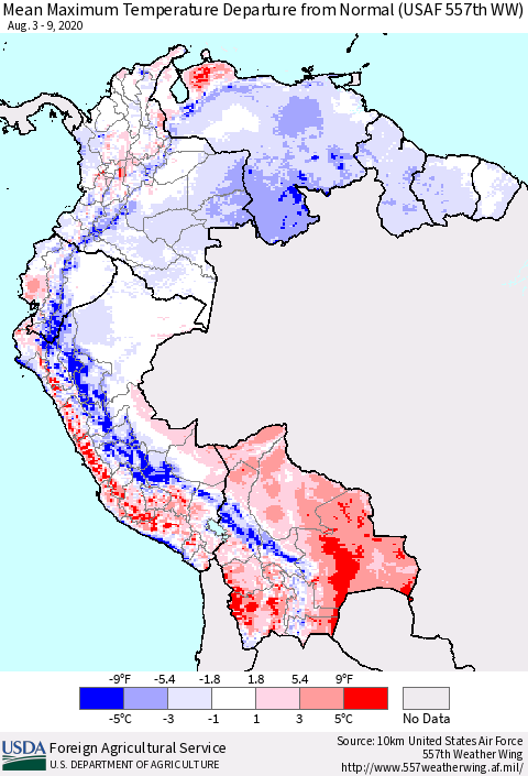 Northern South America Maximum Temperature Departure From Normal (USAF 557th WW) Thematic Map For 8/3/2020 - 8/9/2020
