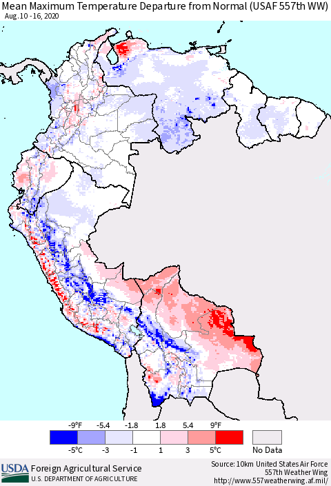 Northern South America Mean Maximum Temperature Departure from Normal (USAF 557th WW) Thematic Map For 8/10/2020 - 8/16/2020