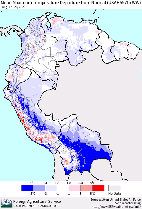 Northern South America Mean Maximum Temperature Departure from Normal (USAF 557th WW) Thematic Map For 8/17/2020 - 8/23/2020