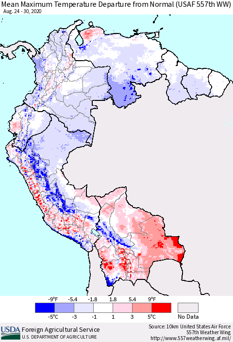 Northern South America Maximum Temperature Departure From Normal (USAF 557th WW) Thematic Map For 8/24/2020 - 8/30/2020