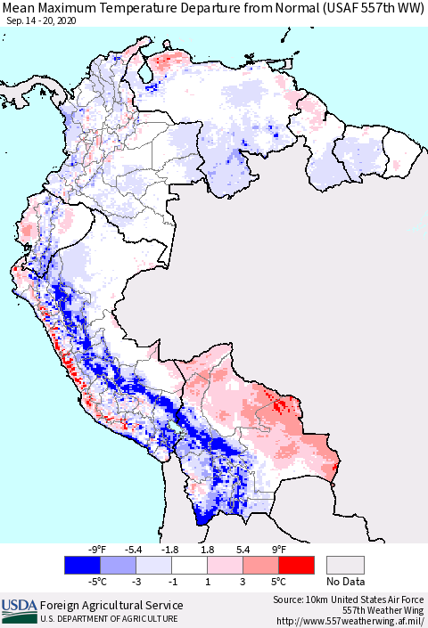 Northern South America Maximum Temperature Departure From Normal (USAF 557th WW) Thematic Map For 9/14/2020 - 9/20/2020