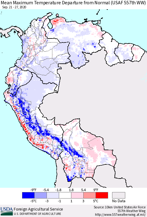 Northern South America Maximum Temperature Departure From Normal (USAF 557th WW) Thematic Map For 9/21/2020 - 9/27/2020