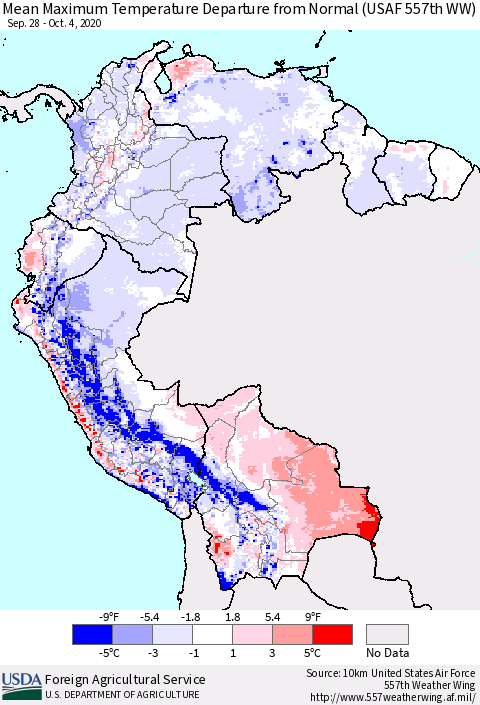 Northern South America Maximum Temperature Departure From Normal (USAF 557th WW) Thematic Map For 9/28/2020 - 10/4/2020