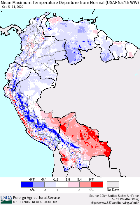 Northern South America Mean Maximum Temperature Departure from Normal (USAF 557th WW) Thematic Map For 10/5/2020 - 10/11/2020