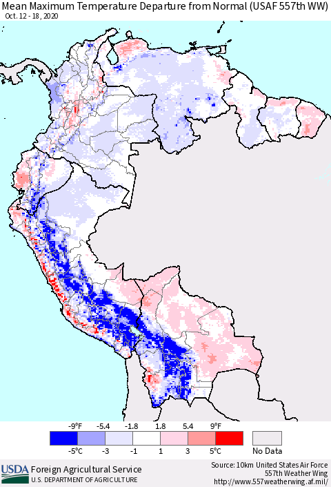 Northern South America Mean Maximum Temperature Departure from Normal (USAF 557th WW) Thematic Map For 10/12/2020 - 10/18/2020
