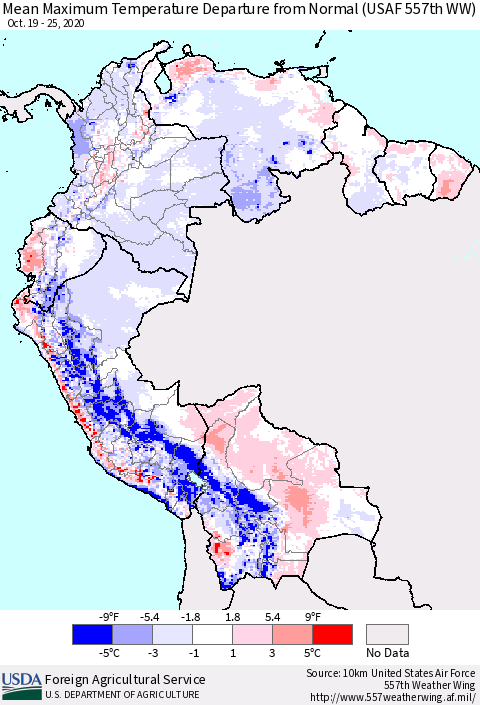 Northern South America Maximum Temperature Departure From Normal (USAF 557th WW) Thematic Map For 10/19/2020 - 10/25/2020