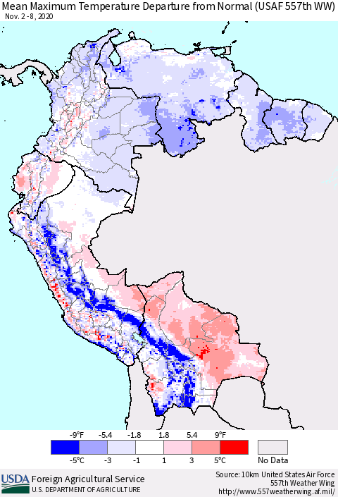 Northern South America Mean Maximum Temperature Departure from Normal (USAF 557th WW) Thematic Map For 11/2/2020 - 11/8/2020