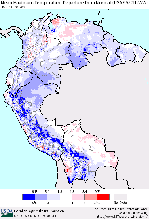 Northern South America Mean Maximum Temperature Departure from Normal (USAF 557th WW) Thematic Map For 12/14/2020 - 12/20/2020