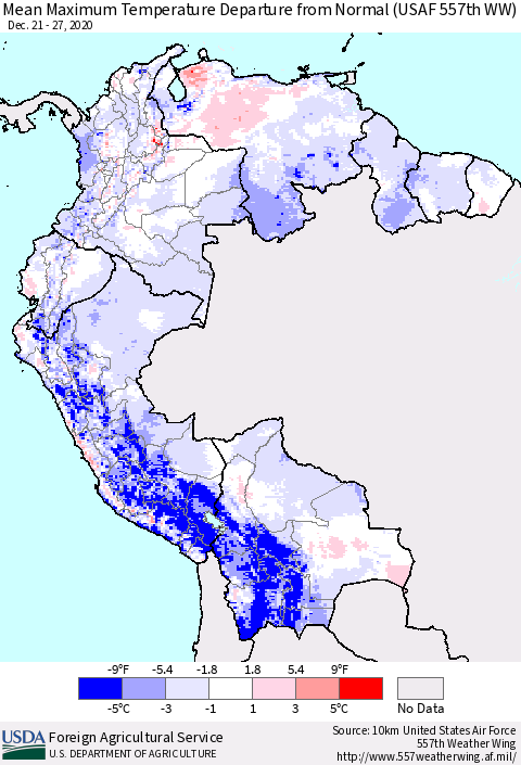 Northern South America Mean Maximum Temperature Departure from Normal (USAF 557th WW) Thematic Map For 12/21/2020 - 12/27/2020