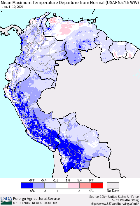 Northern South America Mean Maximum Temperature Departure from Normal (USAF 557th WW) Thematic Map For 1/4/2021 - 1/10/2021
