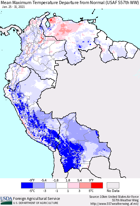 Northern South America Mean Maximum Temperature Departure from Normal (USAF 557th WW) Thematic Map For 1/25/2021 - 1/31/2021