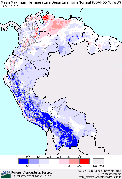 Northern South America Mean Maximum Temperature Departure from Normal (USAF 557th WW) Thematic Map For 2/1/2021 - 2/7/2021