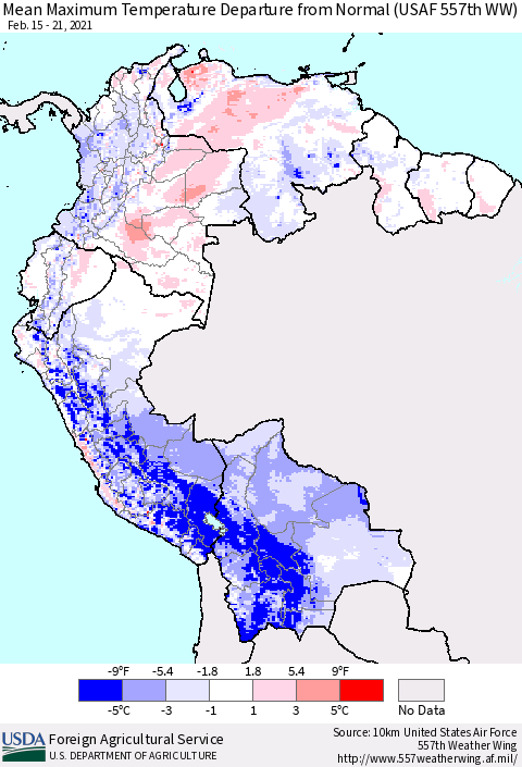 Northern South America Mean Maximum Temperature Departure from Normal (USAF 557th WW) Thematic Map For 2/15/2021 - 2/21/2021