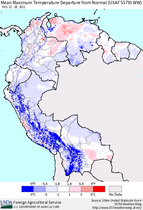 Northern South America Mean Maximum Temperature Departure from Normal (USAF 557th WW) Thematic Map For 2/22/2021 - 2/28/2021