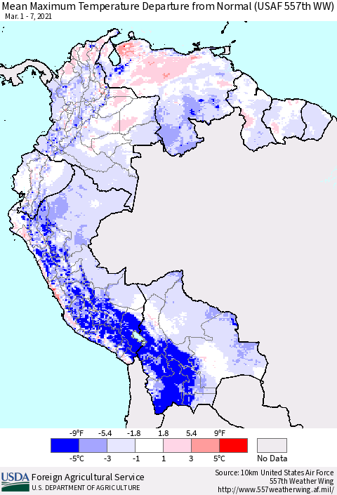 Northern South America Mean Maximum Temperature Departure from Normal (USAF 557th WW) Thematic Map For 3/1/2021 - 3/7/2021