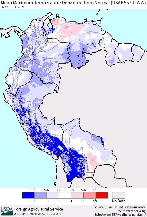Northern South America Mean Maximum Temperature Departure from Normal (USAF 557th WW) Thematic Map For 3/8/2021 - 3/14/2021