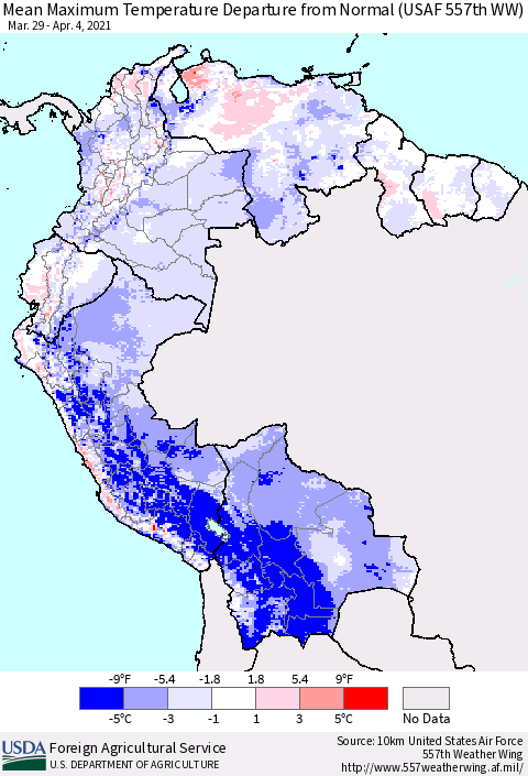 Northern South America Mean Maximum Temperature Departure from Normal (USAF 557th WW) Thematic Map For 3/29/2021 - 4/4/2021