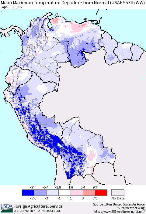 Northern South America Mean Maximum Temperature Departure from Normal (USAF 557th WW) Thematic Map For 4/5/2021 - 4/11/2021
