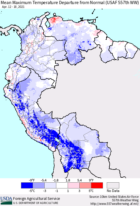 Northern South America Mean Maximum Temperature Departure from Normal (USAF 557th WW) Thematic Map For 4/12/2021 - 4/18/2021