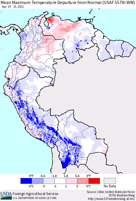 Northern South America Mean Maximum Temperature Departure from Normal (USAF 557th WW) Thematic Map For 4/19/2021 - 4/25/2021
