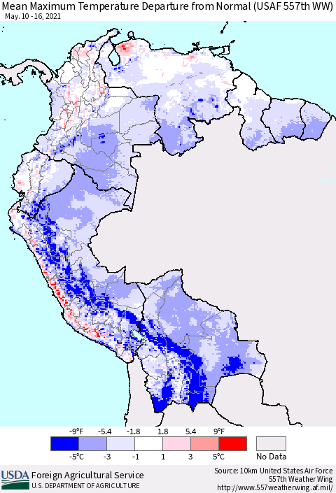 Northern South America Mean Maximum Temperature Departure from Normal (USAF 557th WW) Thematic Map For 5/10/2021 - 5/16/2021
