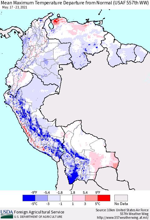 Northern South America Mean Maximum Temperature Departure from Normal (USAF 557th WW) Thematic Map For 5/17/2021 - 5/23/2021