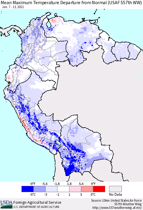 Northern South America Mean Maximum Temperature Departure from Normal (USAF 557th WW) Thematic Map For 6/7/2021 - 6/13/2021