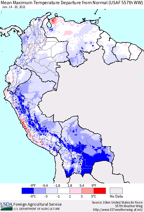 Northern South America Mean Maximum Temperature Departure from Normal (USAF 557th WW) Thematic Map For 6/14/2021 - 6/20/2021