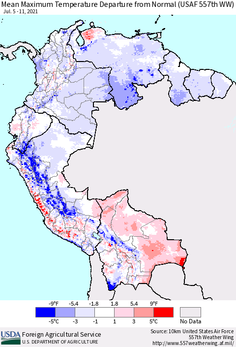 Northern South America Mean Maximum Temperature Departure from Normal (USAF 557th WW) Thematic Map For 7/5/2021 - 7/11/2021