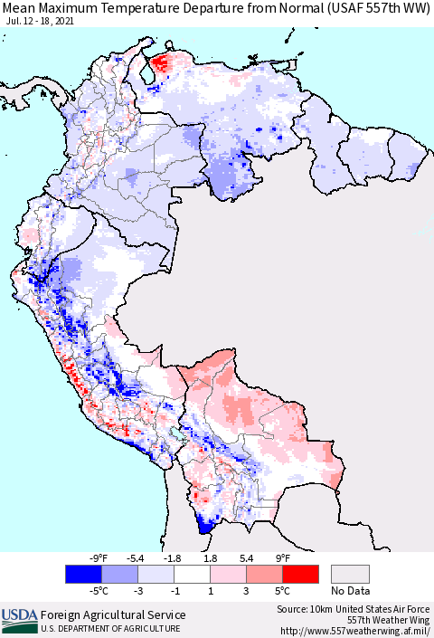 Northern South America Mean Maximum Temperature Departure from Normal (USAF 557th WW) Thematic Map For 7/12/2021 - 7/18/2021