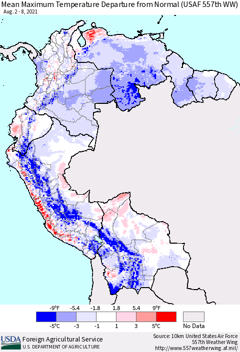 Northern South America Mean Maximum Temperature Departure from Normal (USAF 557th WW) Thematic Map For 8/2/2021 - 8/8/2021