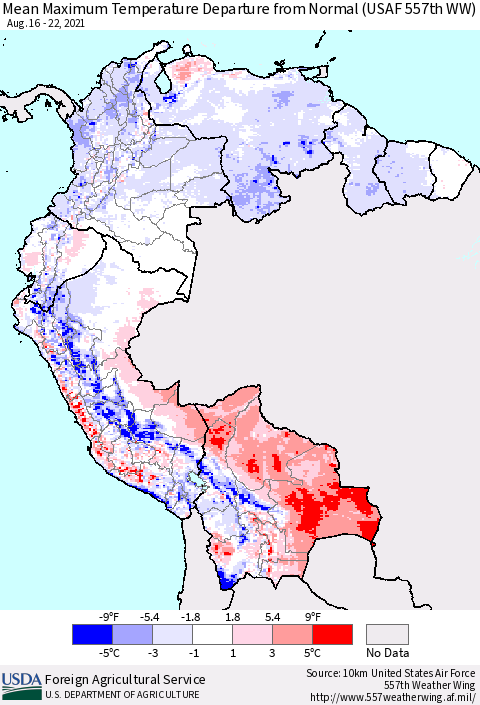Northern South America Mean Maximum Temperature Departure from Normal (USAF 557th WW) Thematic Map For 8/16/2021 - 8/22/2021