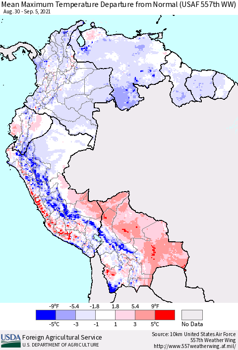 Northern South America Mean Maximum Temperature Departure from Normal (USAF 557th WW) Thematic Map For 8/30/2021 - 9/5/2021