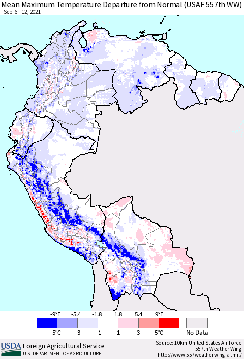 Northern South America Mean Maximum Temperature Departure from Normal (USAF 557th WW) Thematic Map For 9/6/2021 - 9/12/2021